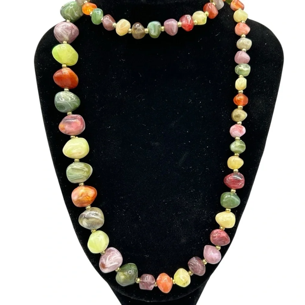 Vintage Chunky Multicolor Natural Stone Statement Necklace